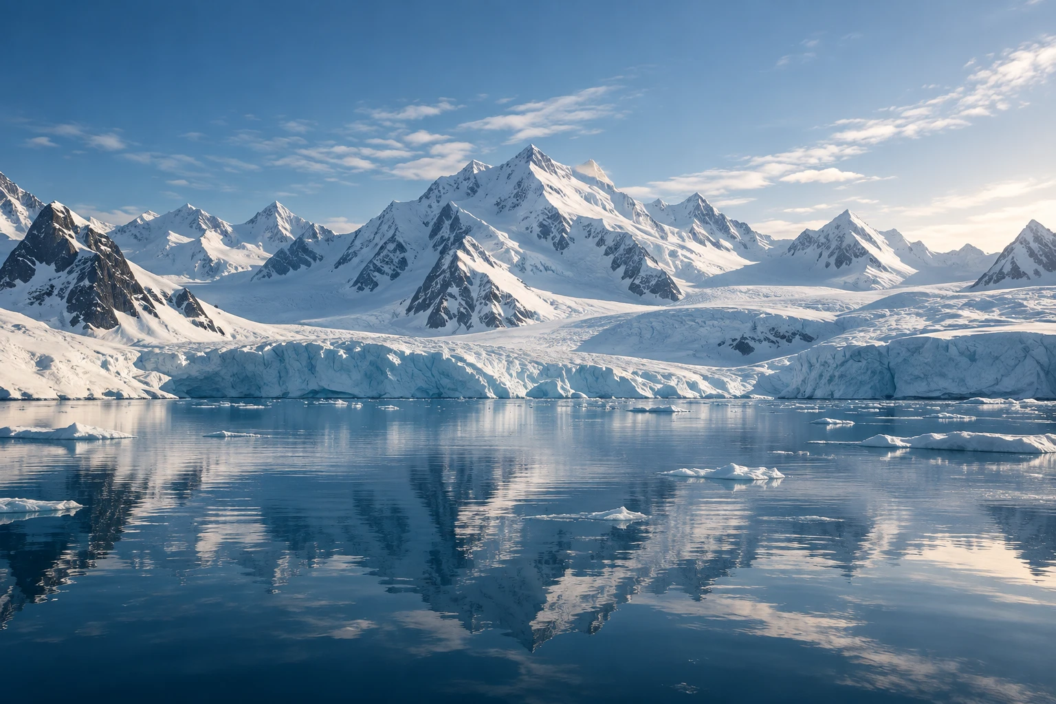 Snow-capped mountains reflected in still glacial water